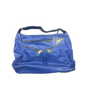 Vince Camuto Blue Leather Shoulder Bag With Gold Zippers & Tag